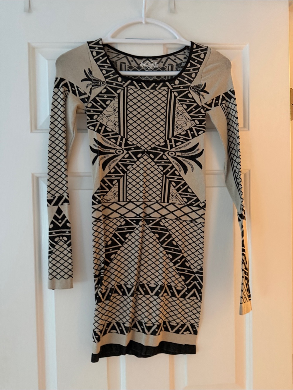 Beige and Black Geometric Bodycon Dress
